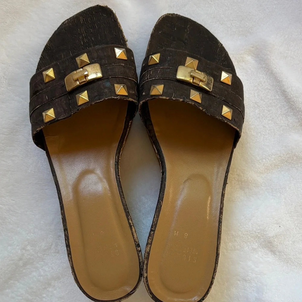 Stuart Weitzman Chocolate Cork Wedge Slide Sandals with Gold Studs - Picture 3 of 6